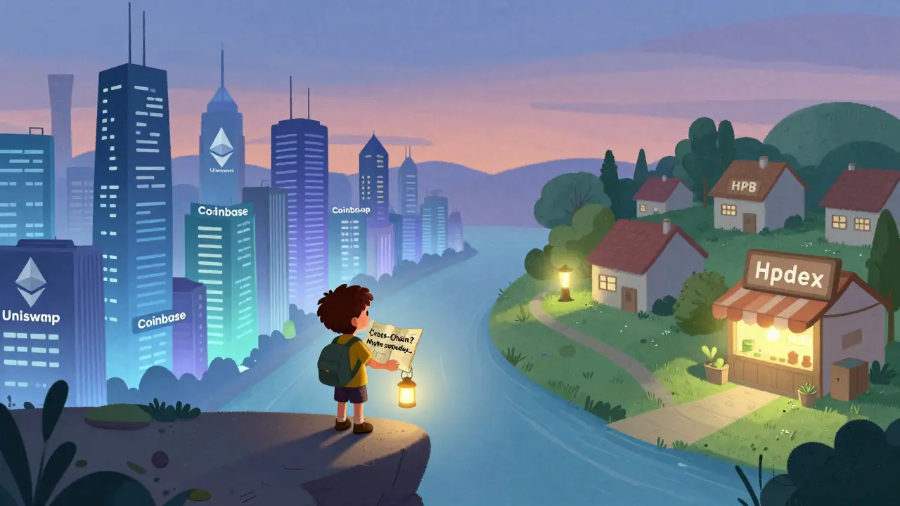 A traveler stands between a busy crypto city and a quiet HPB village, holding a map with a faint lantern.