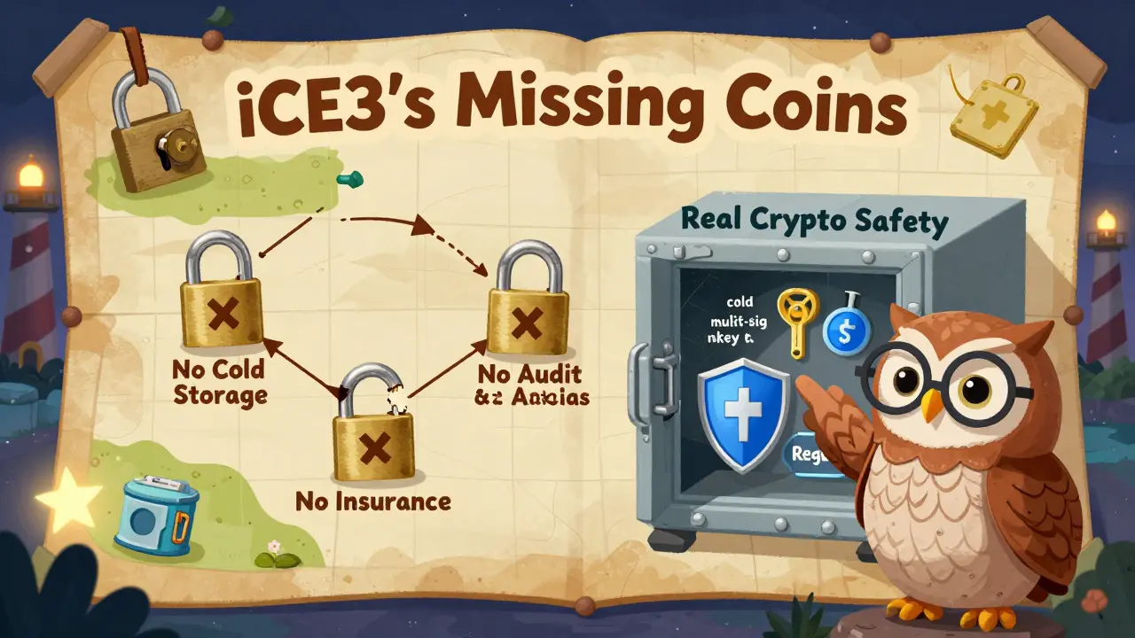 A treasure map shows broken locks labeled 'No Cold Storage' and 'No Audit', pointing to a safe vault with keys and regulation.