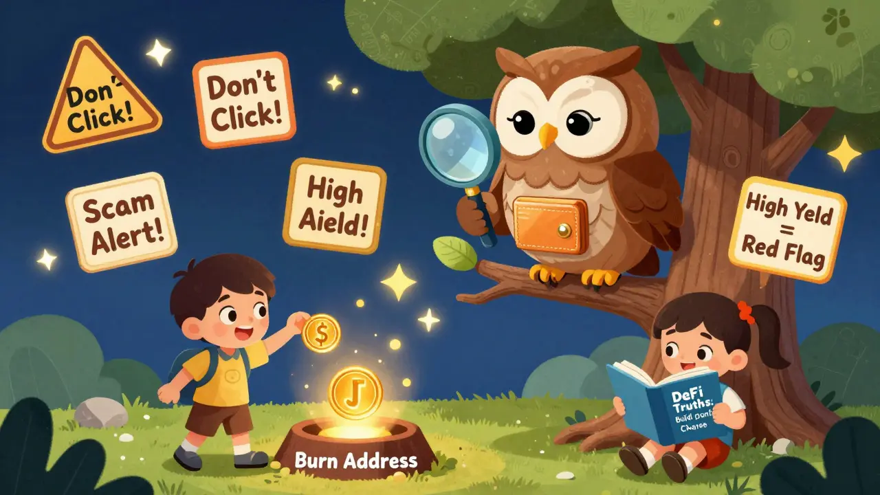 A wise owl shows a child a <h2>What You Should Do Now</h2> token while warning signs float nearby, teaching lessons about DeFi safety.