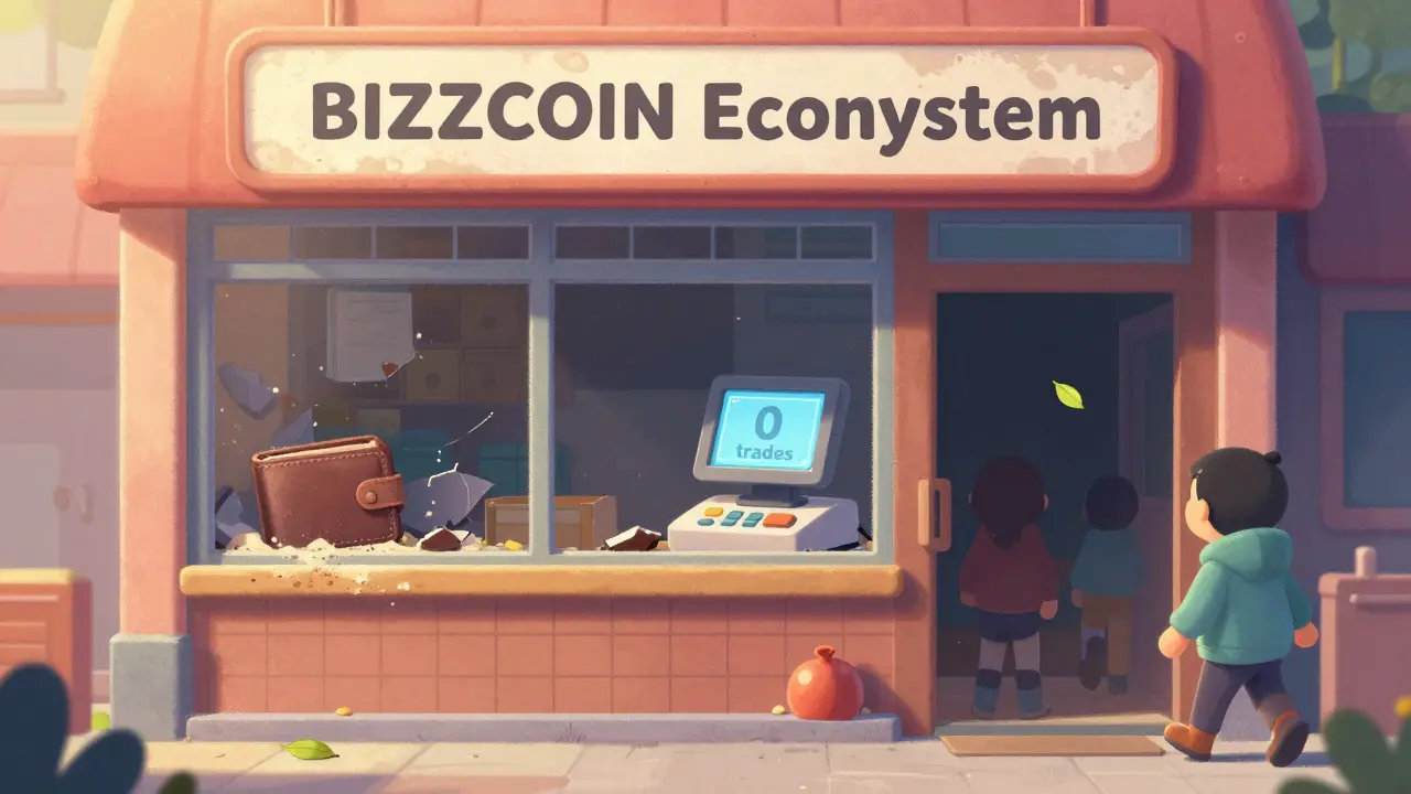 An abandoned BIZZCOIN store with a dusty wallet inside, while figures walk away.