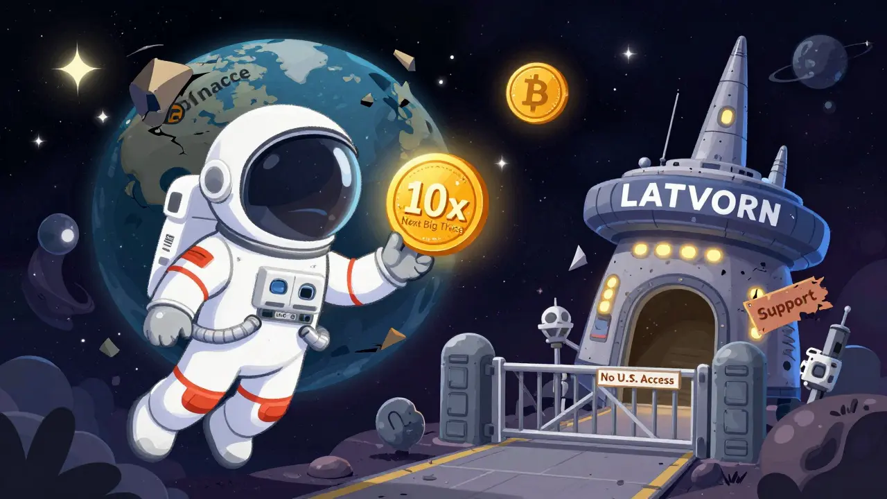 An astronaut reaching for a glowing coin near a wobbly space station labeled 'LATOKEN' with a 'No U.S. Access' gate.