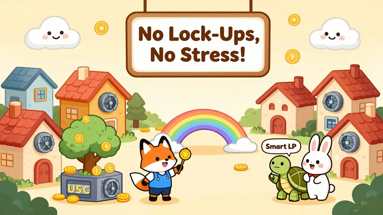 Cartoon crypto animals use automated vaults in a blockchain town, with a sign saying 'No Lock-Ups, No Stress!'