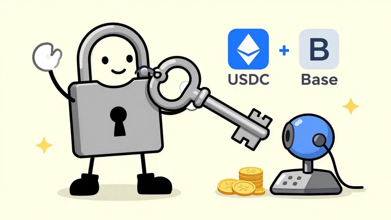 Character locks USDC on Ethereum, mints bridged tokens on Base with wobbly machine.