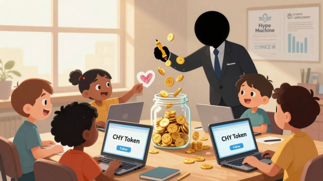 Children click 'Follow' buttons as their attention falls into a jar held by a shadowy 'Hype Machine' figure, while real charities fade in the background.