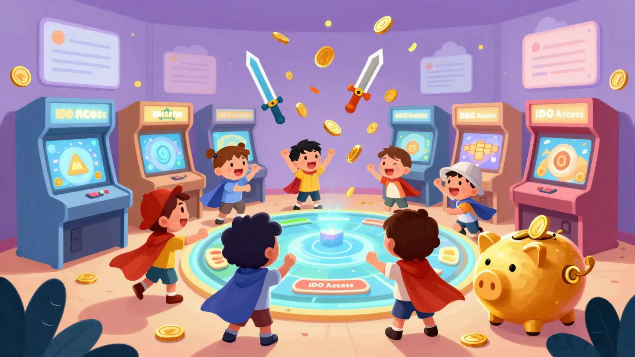 Children playing blockchain games in a colorful arcade, trading NFT items as KDG coins rain down around them.