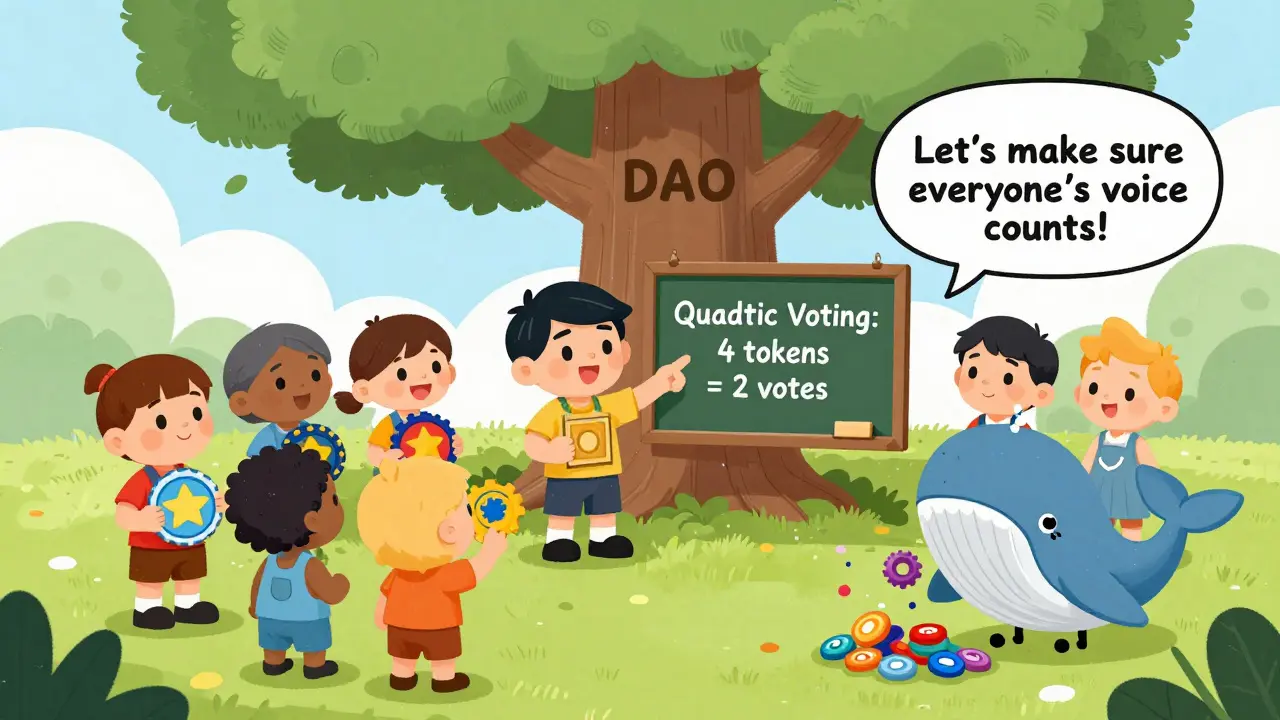 Diverse characters discussing quadratic voting under a DAO tree, with a whale trying to dominate.