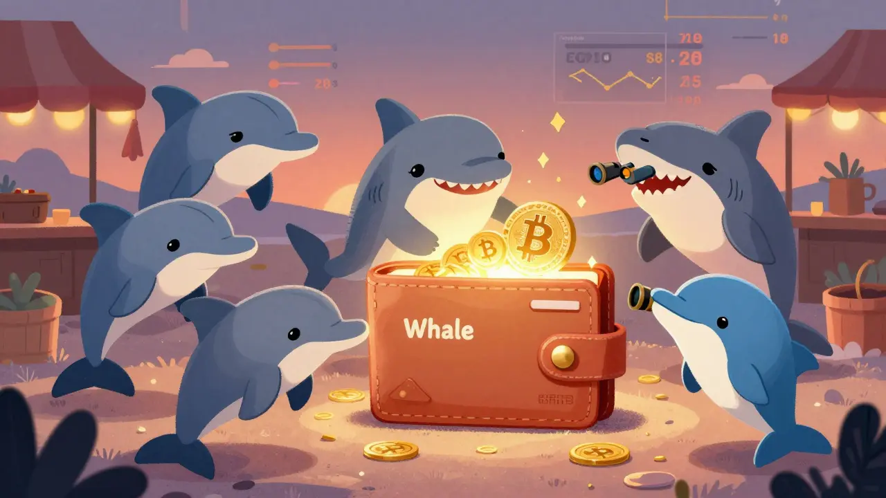 Dolphins and sharks split a Bitcoin into smaller pieces near a glowing wallet, with flat trading charts in the background.