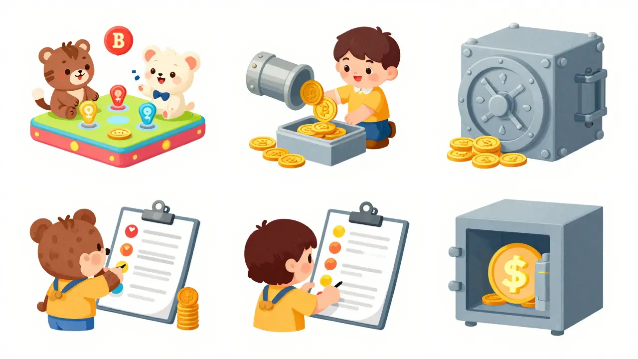 Five vignettes: characters trading tokens, pouring coins, securing assets, arranging transactions, and vault with digital symbols.