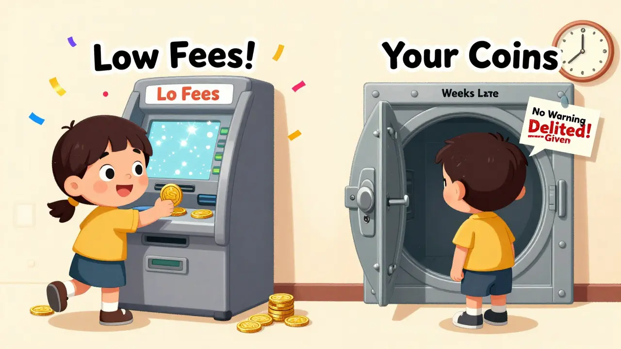 One user happily withdrawing coins while another stares at a locked vault with a 'Delisted!' stamp.