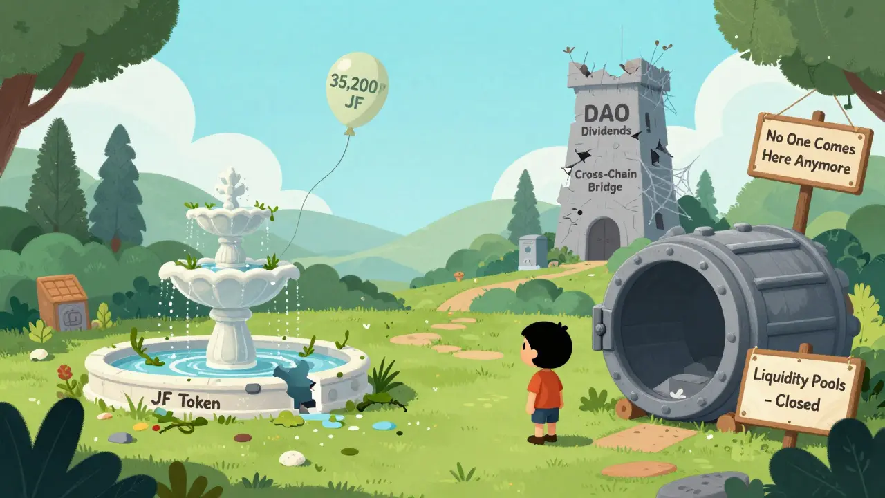 Silent 2026 DeFi garden with a broken fountain labeled 'JF Token' and crumbling towers covered in weeds.