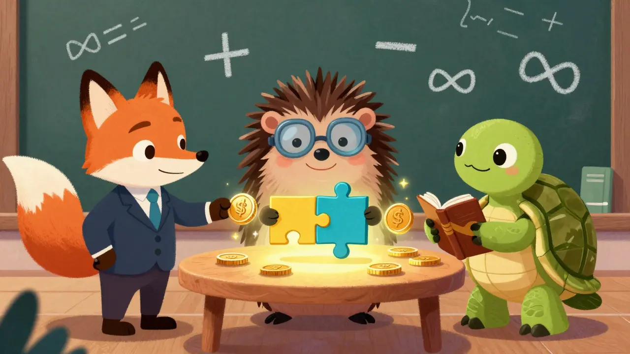 Three animal characters examine invisible coins on a glowing table, proving transactions without showing amounts.