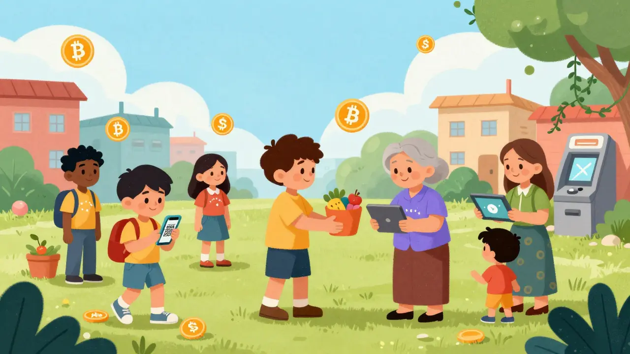 Venezuelans trade USDT in a park, exchanging goods while bolívar bills fade away in the background.