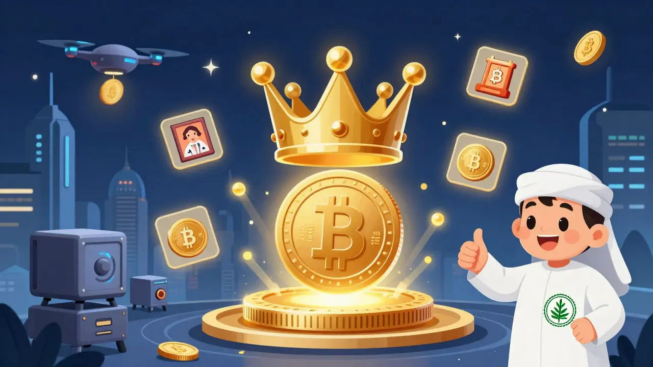 A blockchain crown above a digital riyal, with NFTs, mining rigs, and a scholar giving a halal approval.
