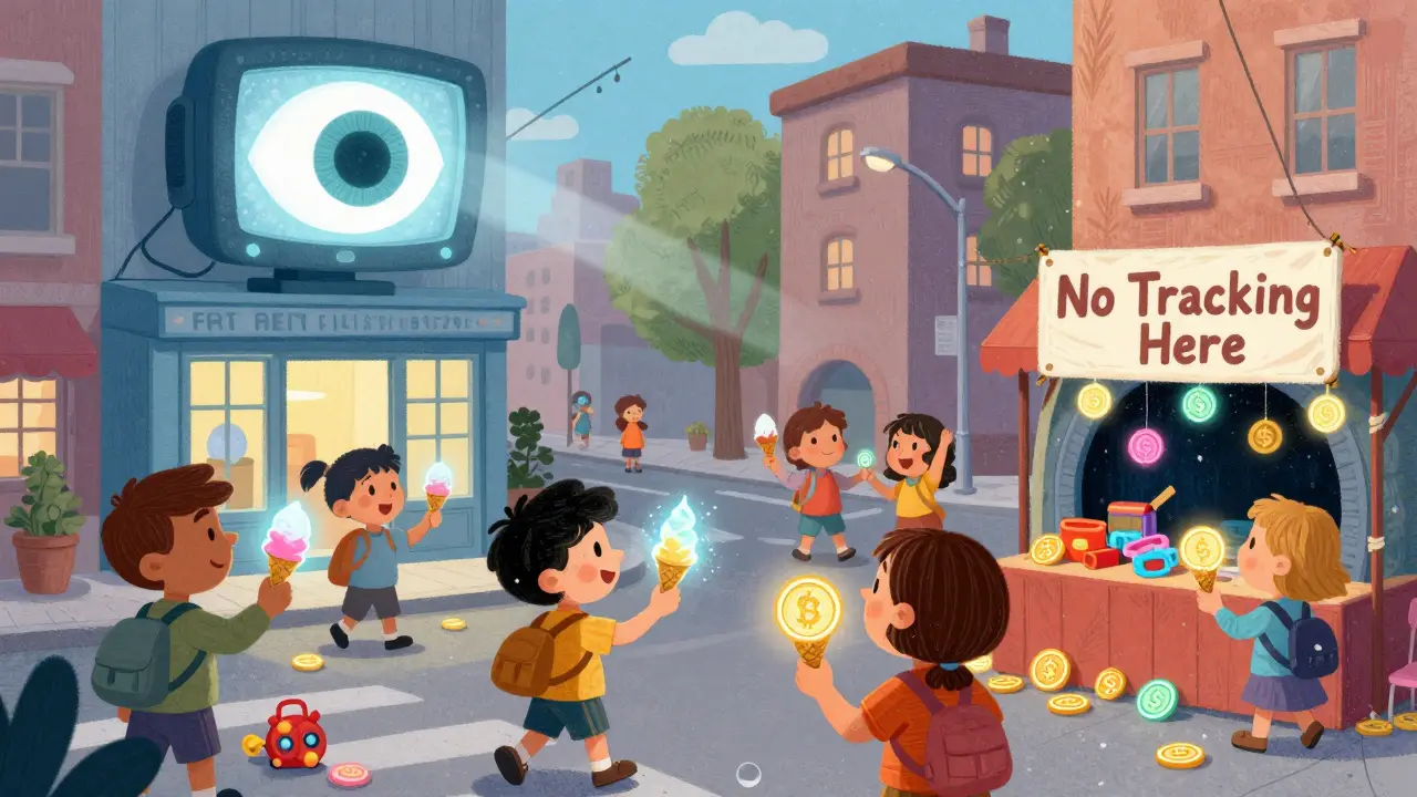 A child's digital coin freezes as a giant eye watches, while a hidden market trades crypto tokens.