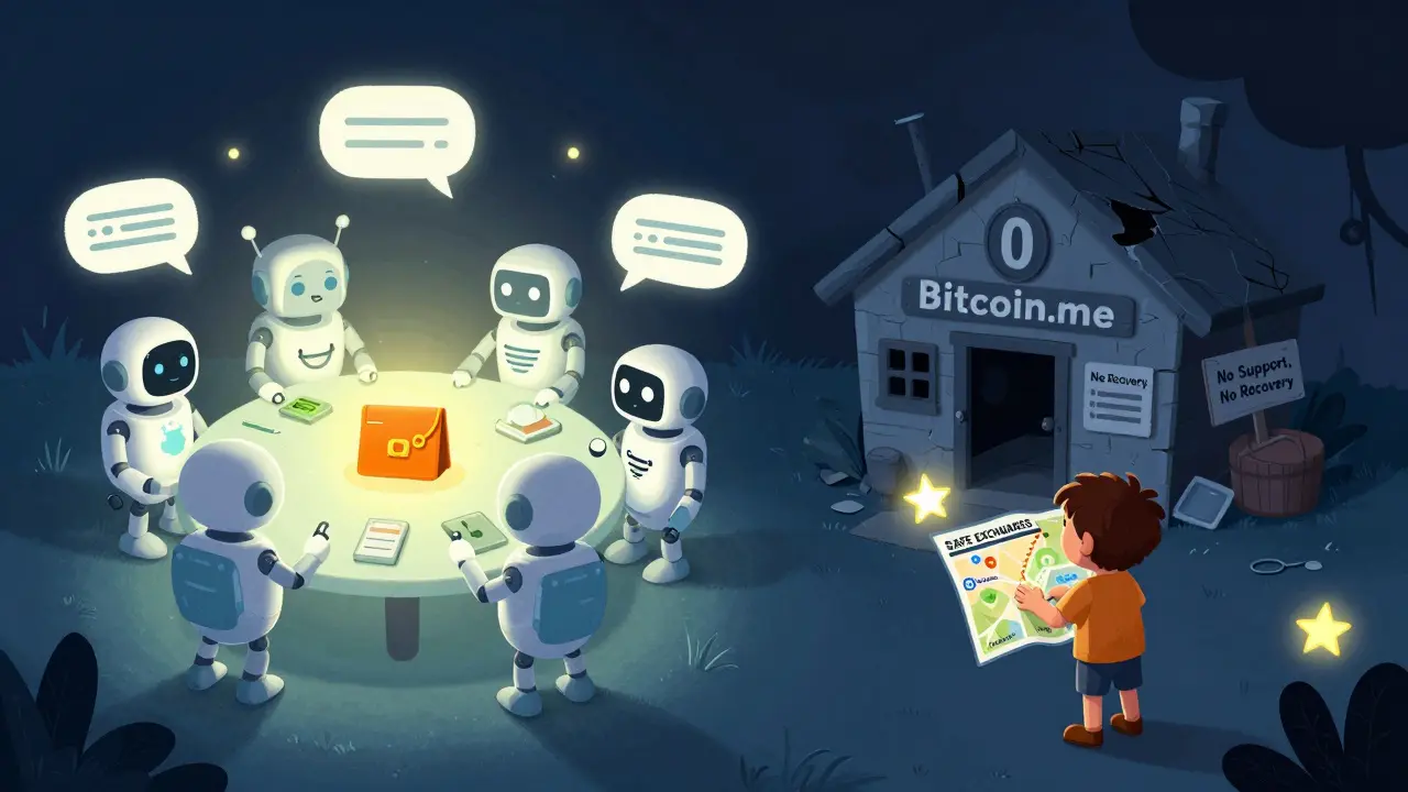 A child chooses a glowing, safe exchange hub over a crumbling scam shack labeled 'Bitcoin.me' with no doors or support.