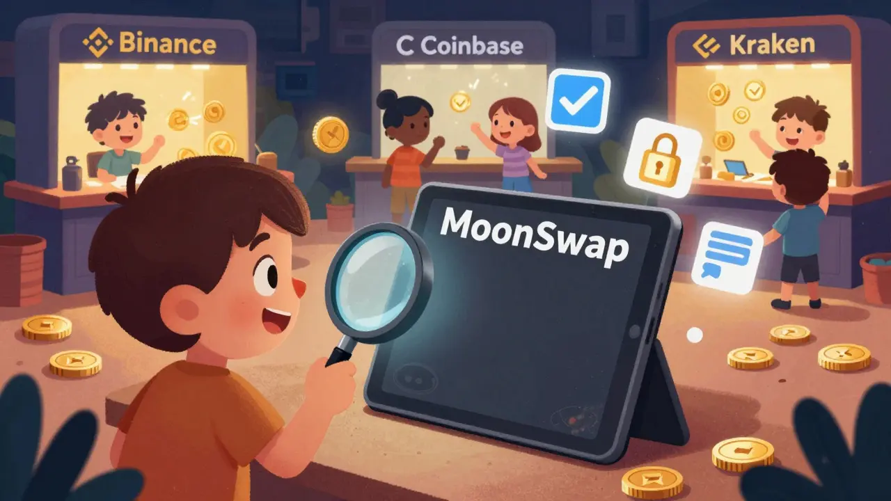 A child examines a blank tablet labeled MoonSwap while other children play at well-lit, active crypto exchanges.