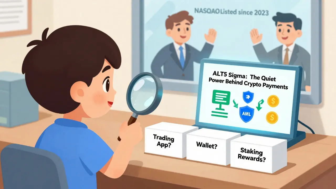 A child examines empty crypto boxes while a glowing 'ALT5 Sigma' box glows with compliance icons, watched by its CEOs from a NASDAQ window.