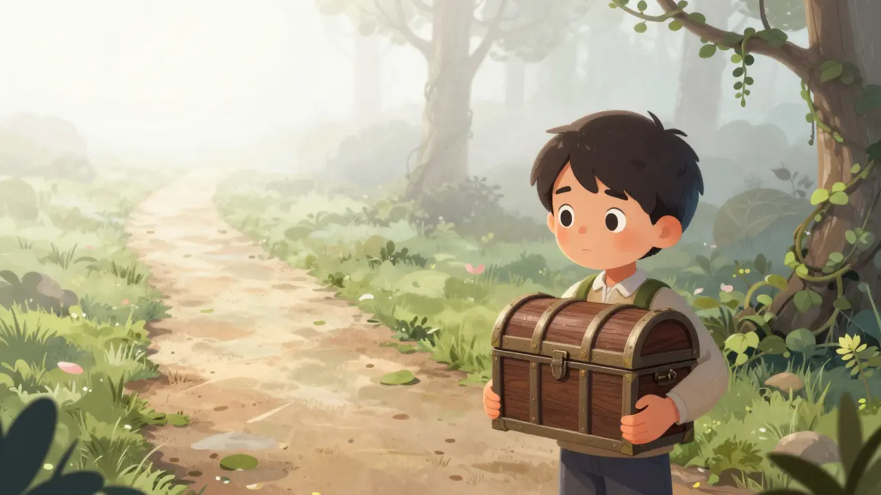 A child holding a treasure chest near a fork in the road between safe and risky paths.