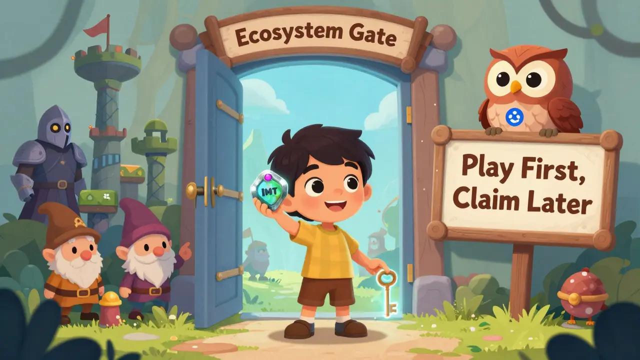 A child holding MST and IMT tokens before a locked door to a digital ecosystem, guided by a wise owl.
