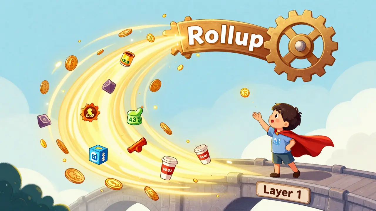 A child sends tiny coins to floating NFTs and coffee cups, with a rollup gear turning expensive fees into pennies.