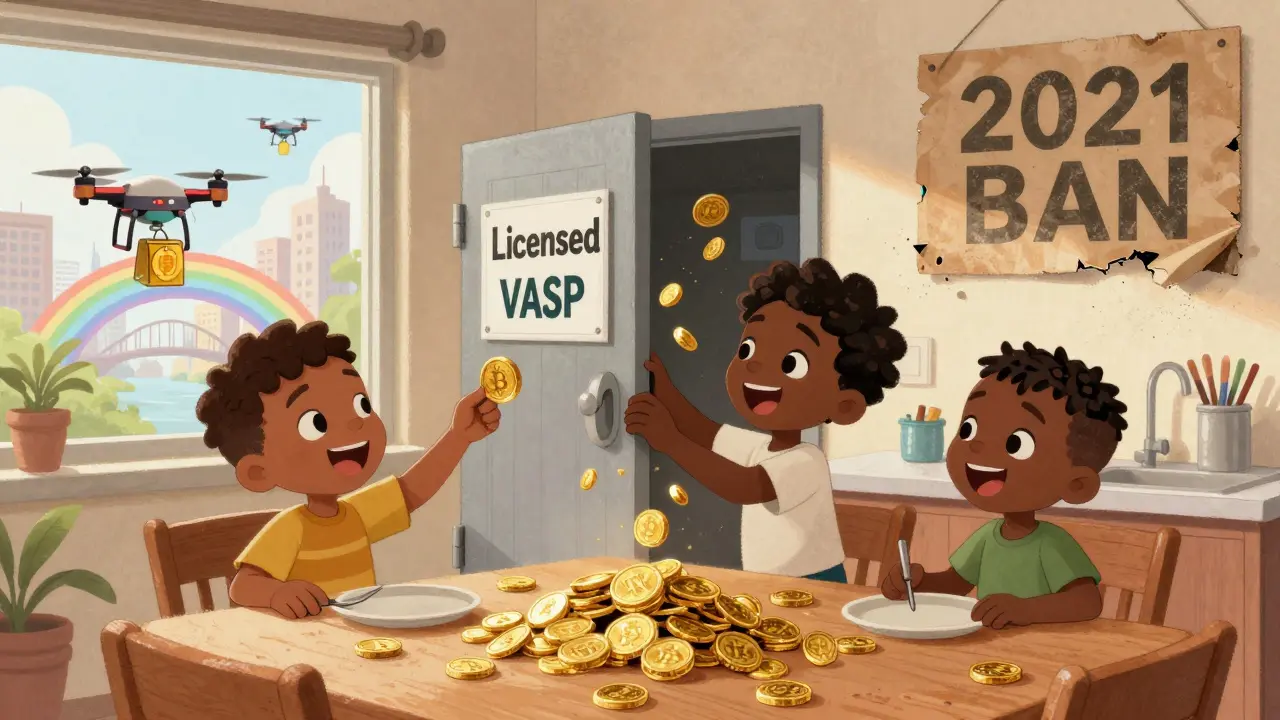 A family opening a licensed crypto account as golden coins flow in, with a crumbling ban sign behind them.