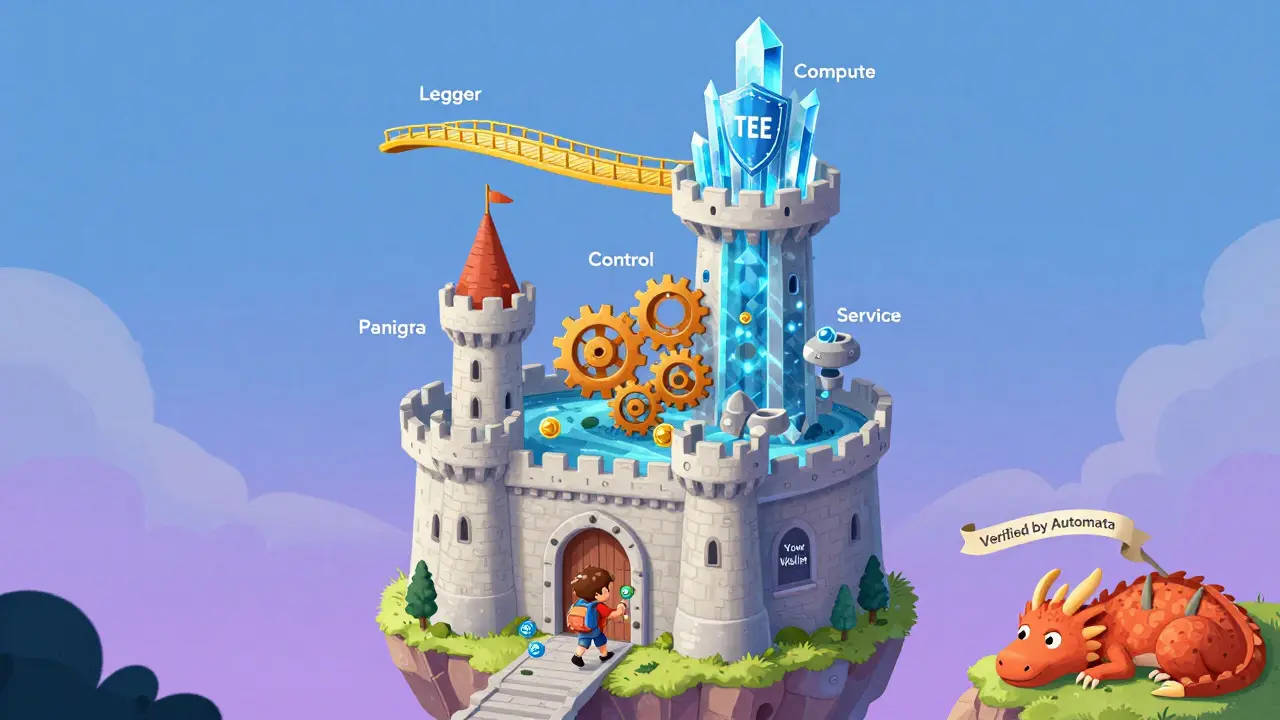 A four-layer castle representing Automata's planes floats in the sky as a child walks through the gate to claim tokens.