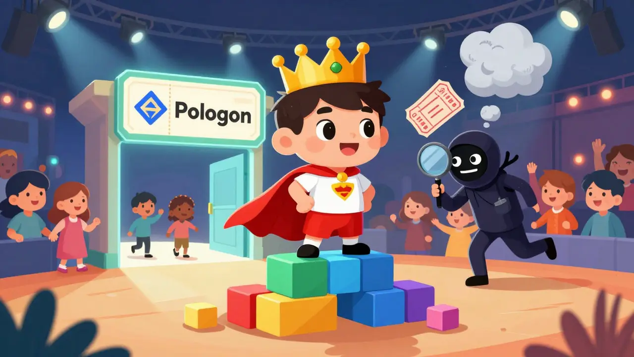 A glowing NFT ticket with a cape defeats a sneaky scalper on a blockchain of colorful bricks, as happy attendees enter a concert.