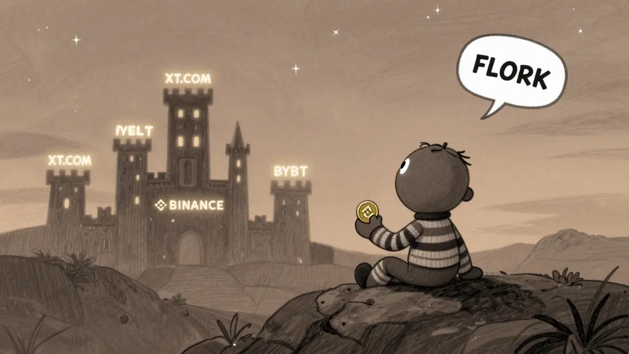 A lone sock puppet watching glowing exchange logos at dusk, holding a FLORK token.