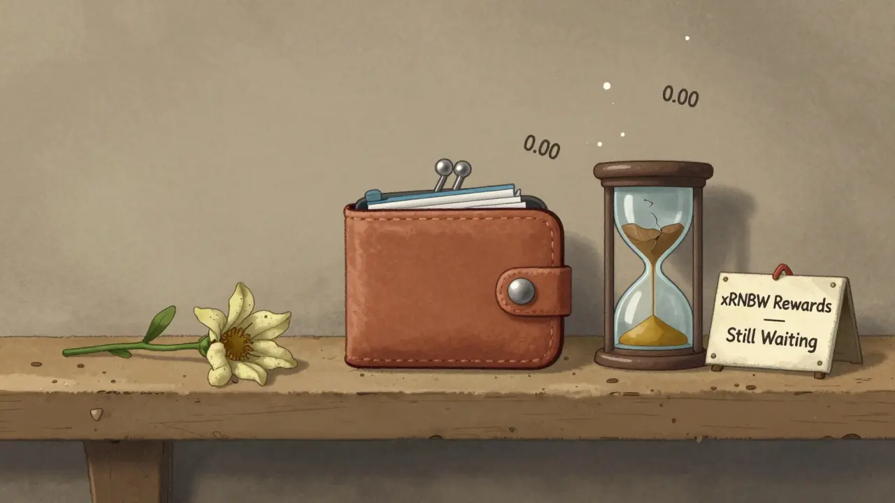 A lone wallet sits on a shelf with floating '0.00' numbers, surrounded by symbols of forgotten rewards.