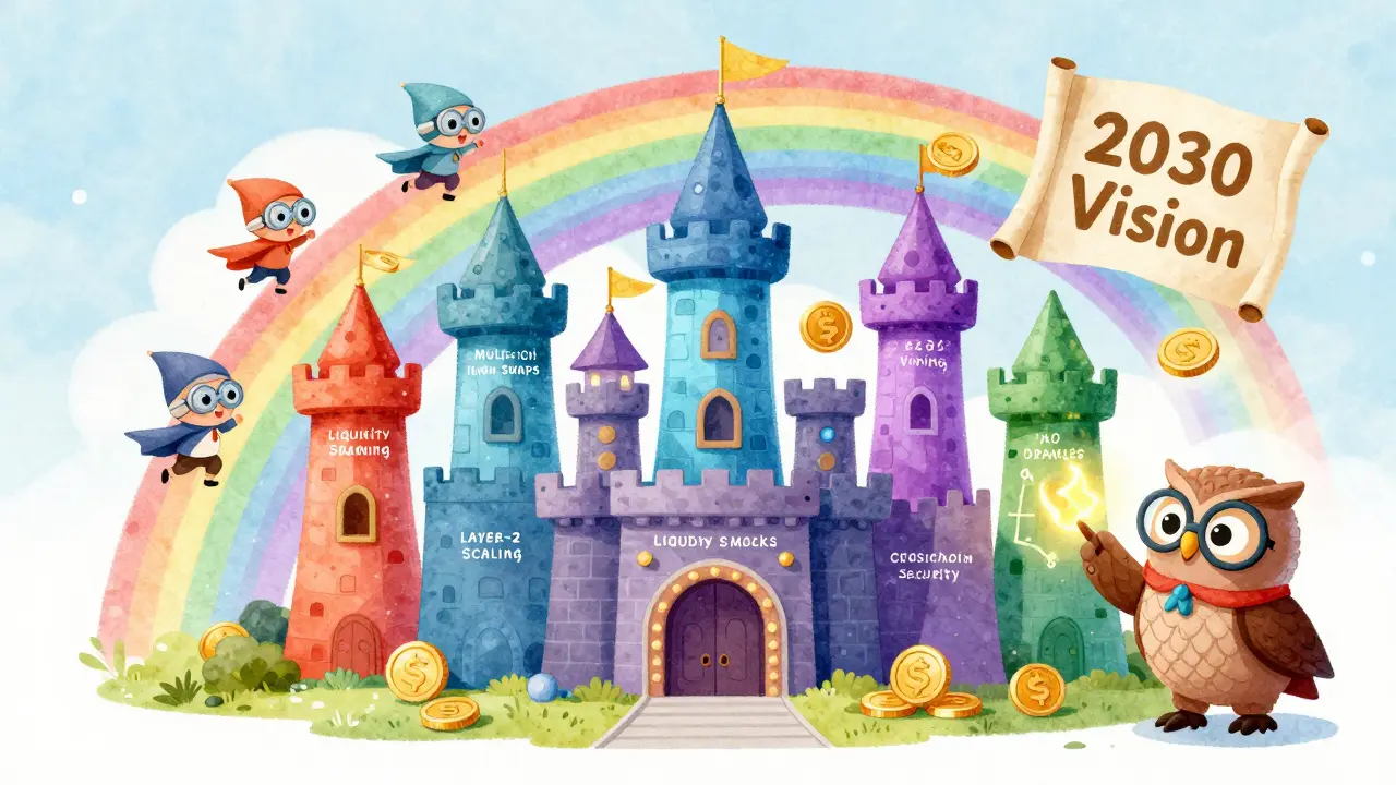 A magical DeFi castle with eight colorful towers on a rainbow blockchain, animated characters riding coins.