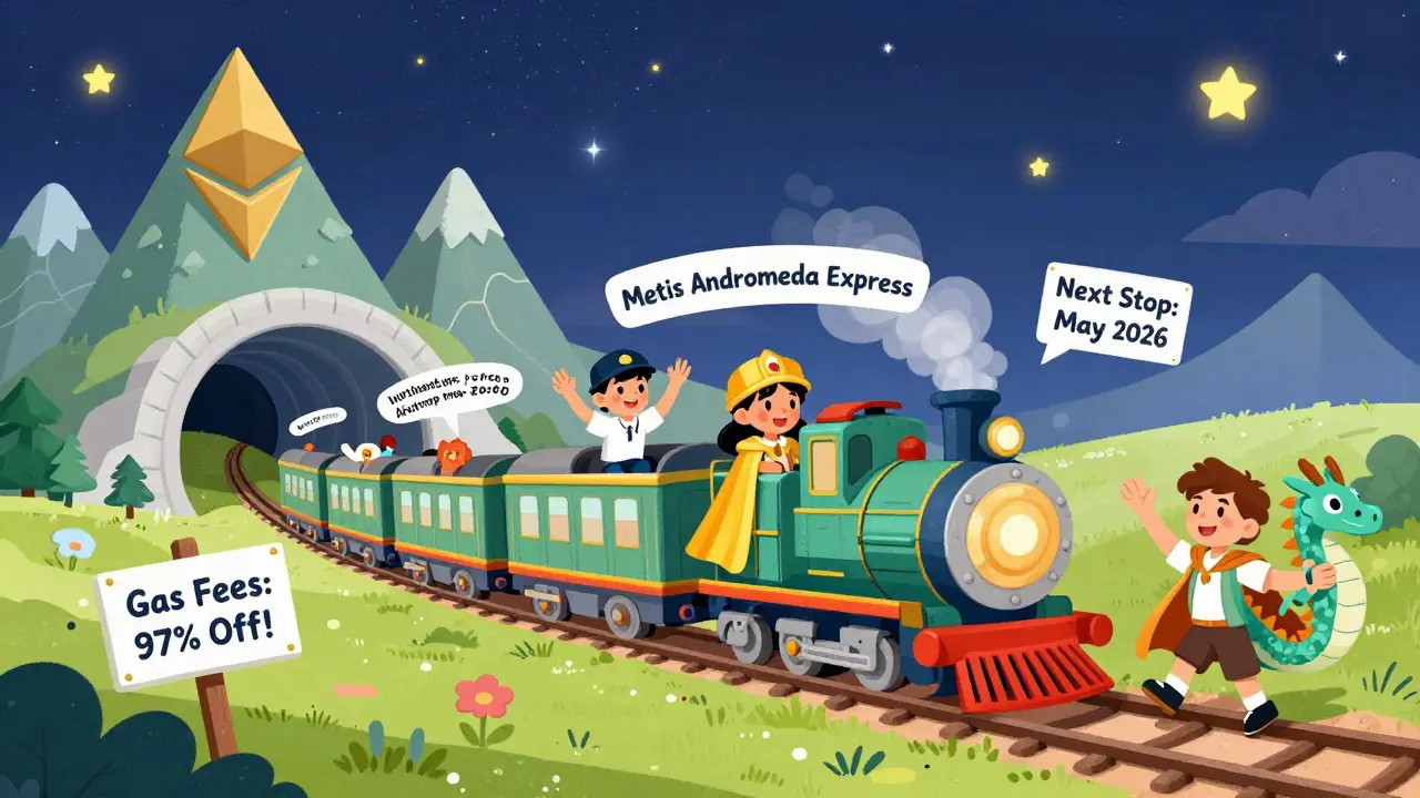 A magical train called Metis Andromeda Express travels through blockchain mountains, carrying users with unique roles toward a future airdrop.