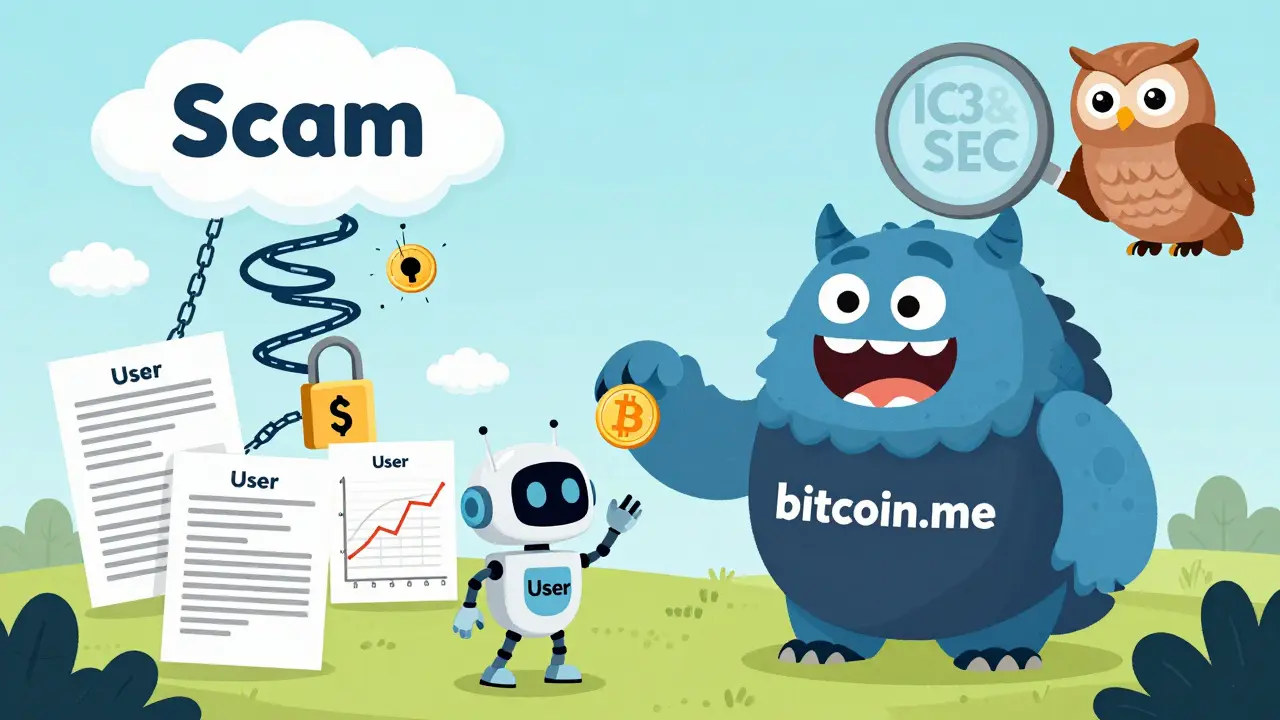 A robot drops Bitcoin into a monster with 'bitcoin.me' while fake verification chains rise into a sky marked by SEC and IC3 badges.