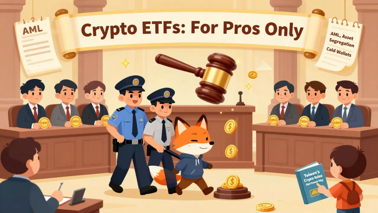 A shady fox is led away in court as professional investors watch, with a banner saying 'Crypto ETFs: For Pros Only'.