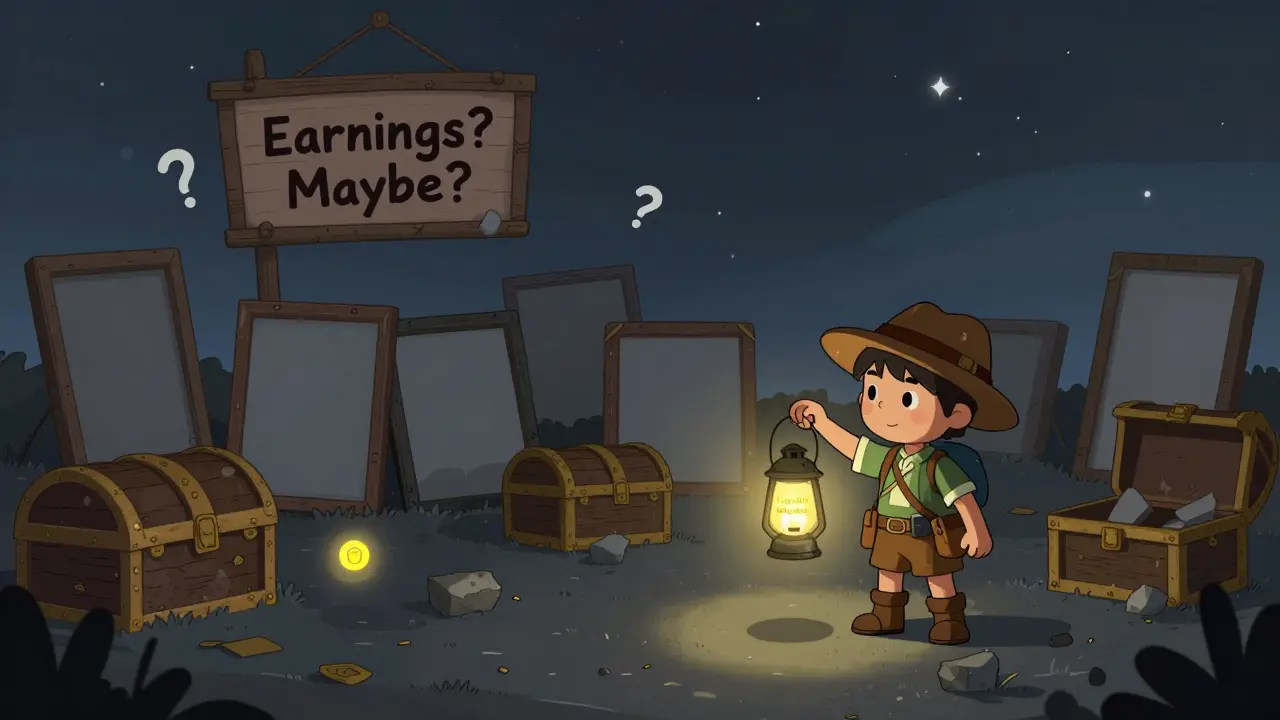 An adventurer in a dark, empty NFT marketplace with only one faint glowing token, surrounded by silent, empty chests.