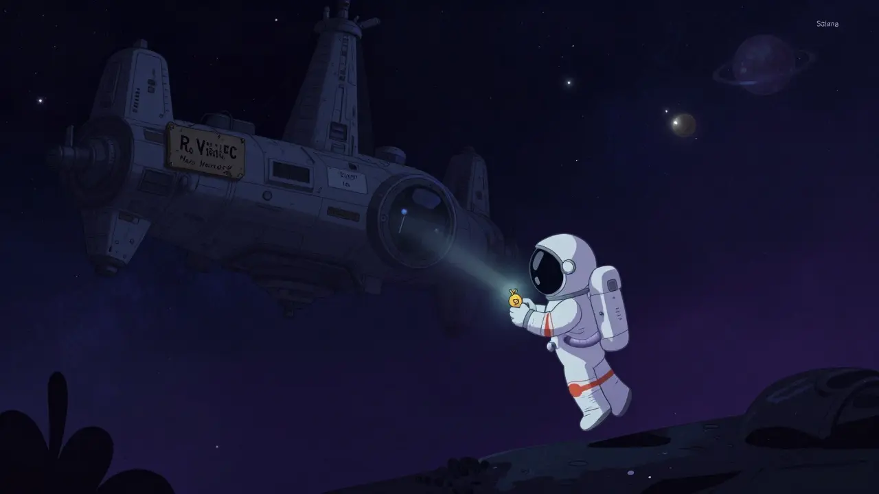 An astronaut floats alone in space holding a dim RENEC token, while a massive abandoned blockchain station drifts in the dark.