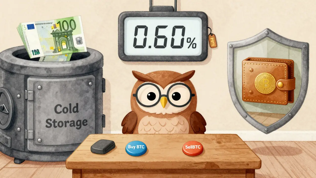 An owl sits at a desk with only two buttons: Buy BTC and Sell BTC, beside a secure vault.