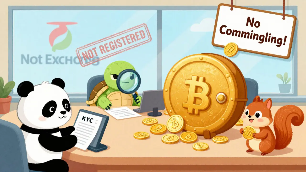 Animal bankers sort crypto coins, placing 90% into a cold wallet while a foreign exchange logo is stamped 'NOT REGISTERED'.