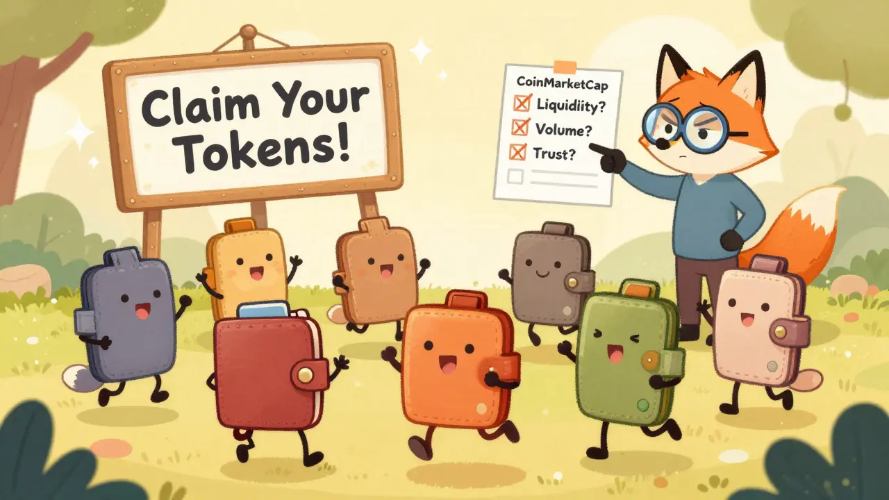 Cartoon wallets celebrate a fake airdrop while CoinMarketCap's fox points out missing requirements.