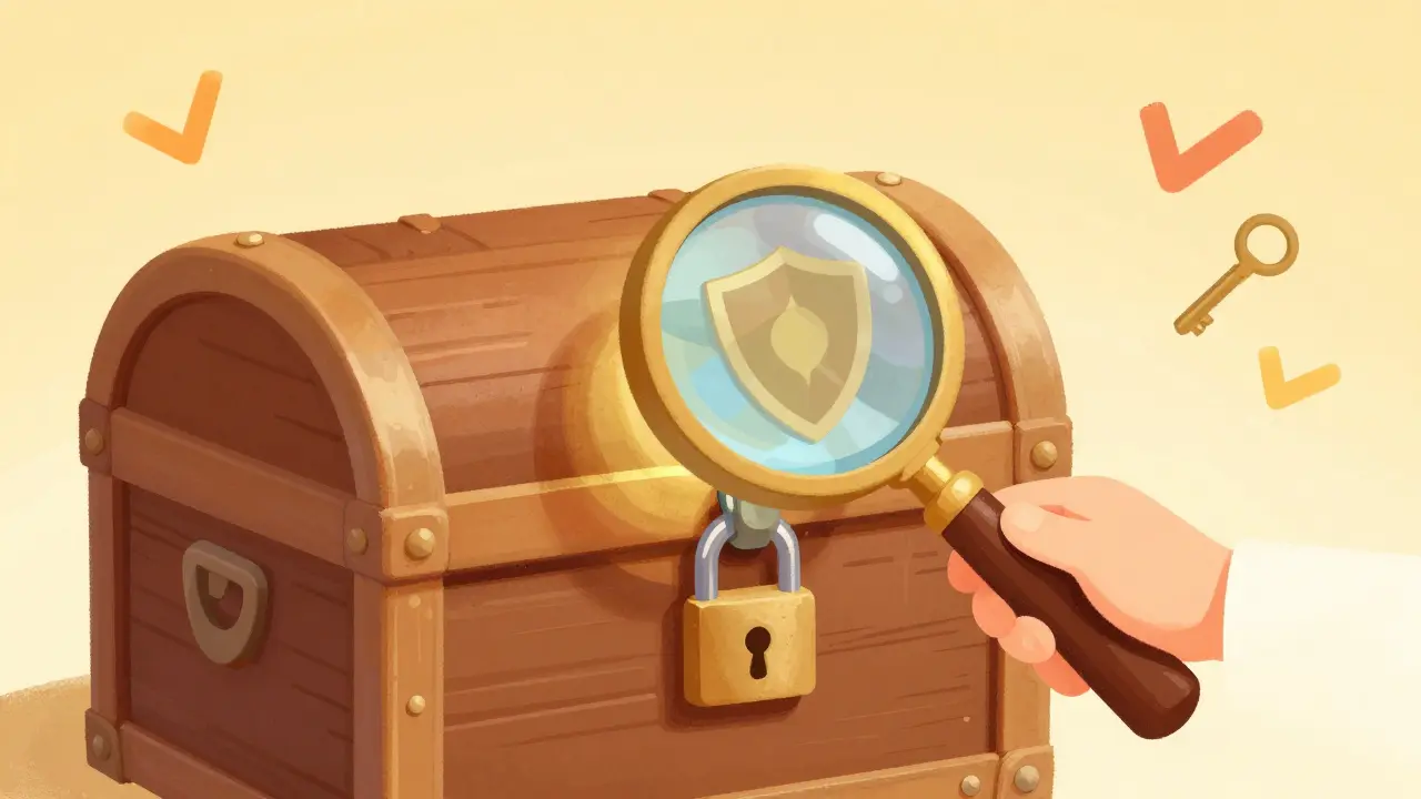 Character inspecting a locked treasure chest with a magnifying glass.