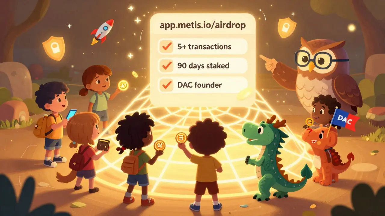 Children and animals interact with a glowing web portal, checking off eligibility criteria like transactions and staking with the help of a wise owl.