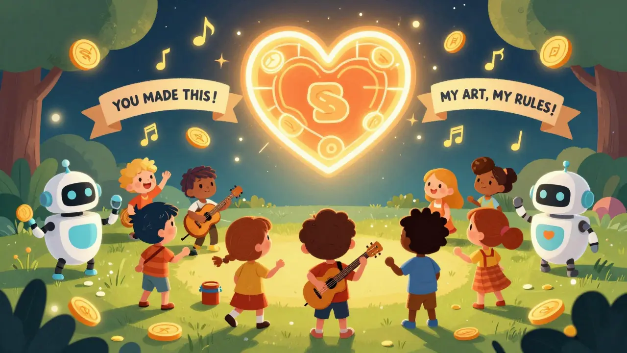 Children and robots enjoy a concert in a virtual park as music turns into coins under a glowing blockchain heart.