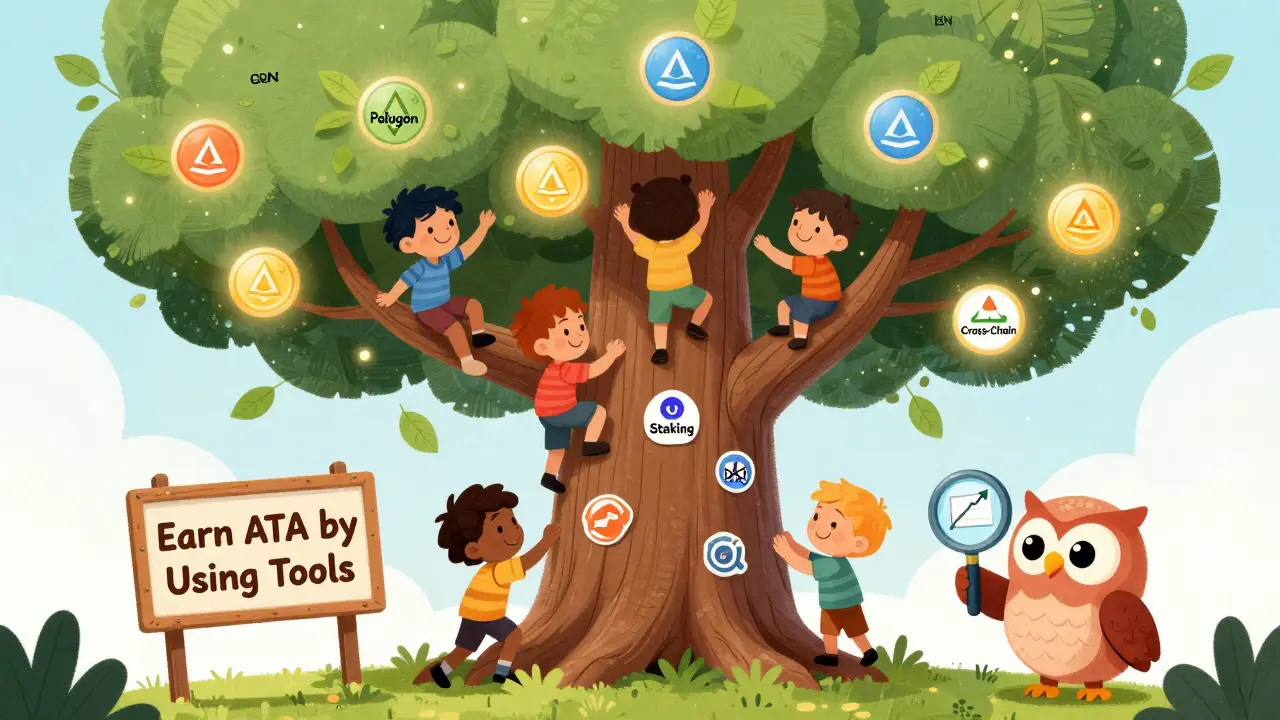 Children climb a tree with blockchain branches, placing stickers for voting and staking as ATA tokens glow on the leaves.