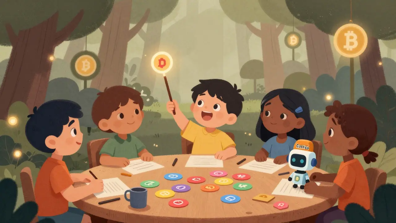 Children create a digital token with a magic wand while a blockchain robot wears a gas fee hat, surrounded by crypto-themed trees.