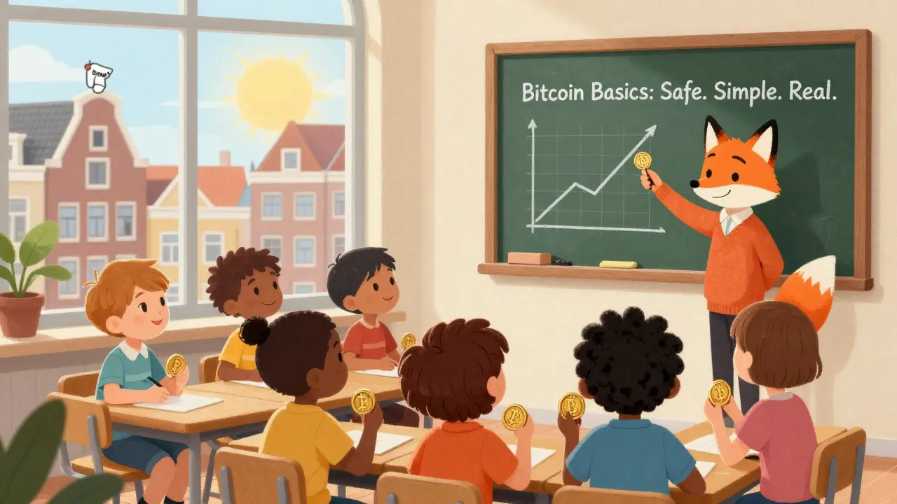 Children learn about Bitcoin in a classroom with a teacher fox, no other cryptocurrencies shown.