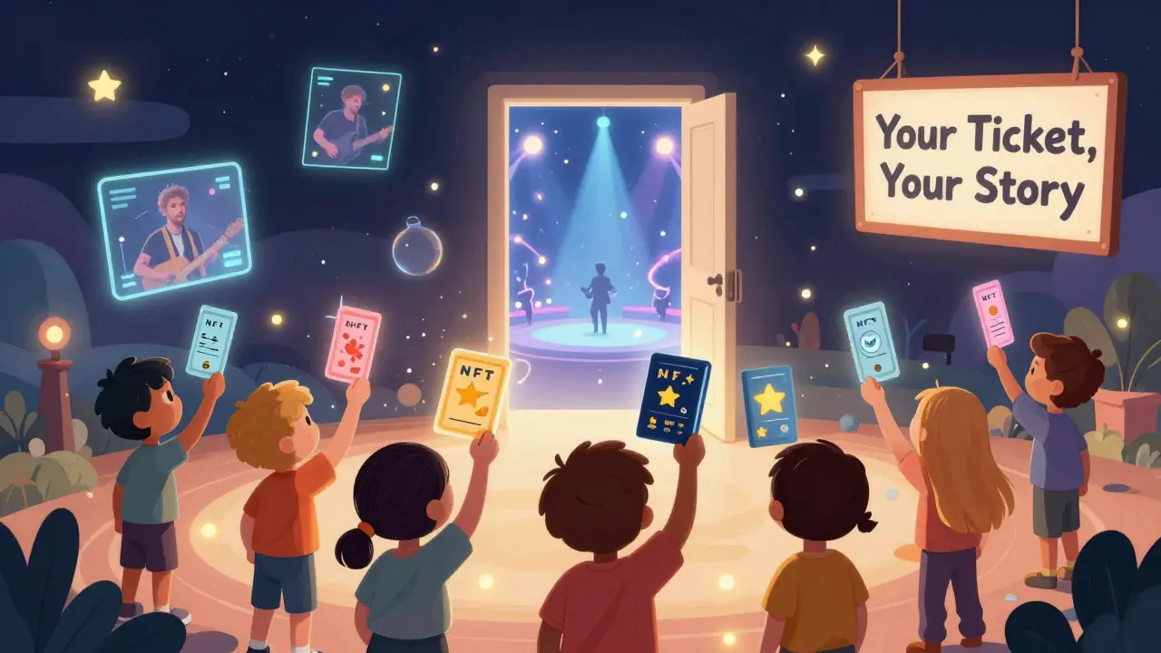 Children unlock a magical VR concert world through their NFT tickets, which transform into personalized digital passports with stars and emojis.