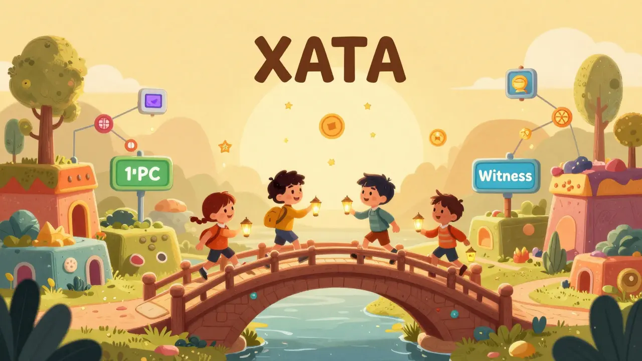 Children walk across a magical bridge connecting blockchain lands, with ATA tokens raining down as they carry privacy tools.
