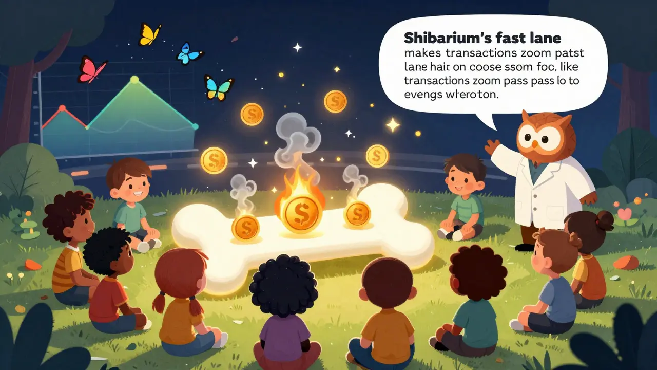 Children watch animated SHIB tokens burn as an owl explains Shibarium’s fast transaction lane.