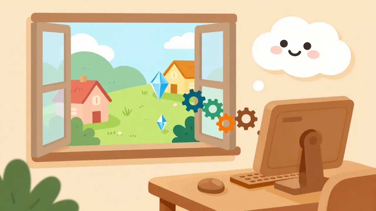 Computer on desk exchanges crystal tokens with neighboring houses via magical cloud.