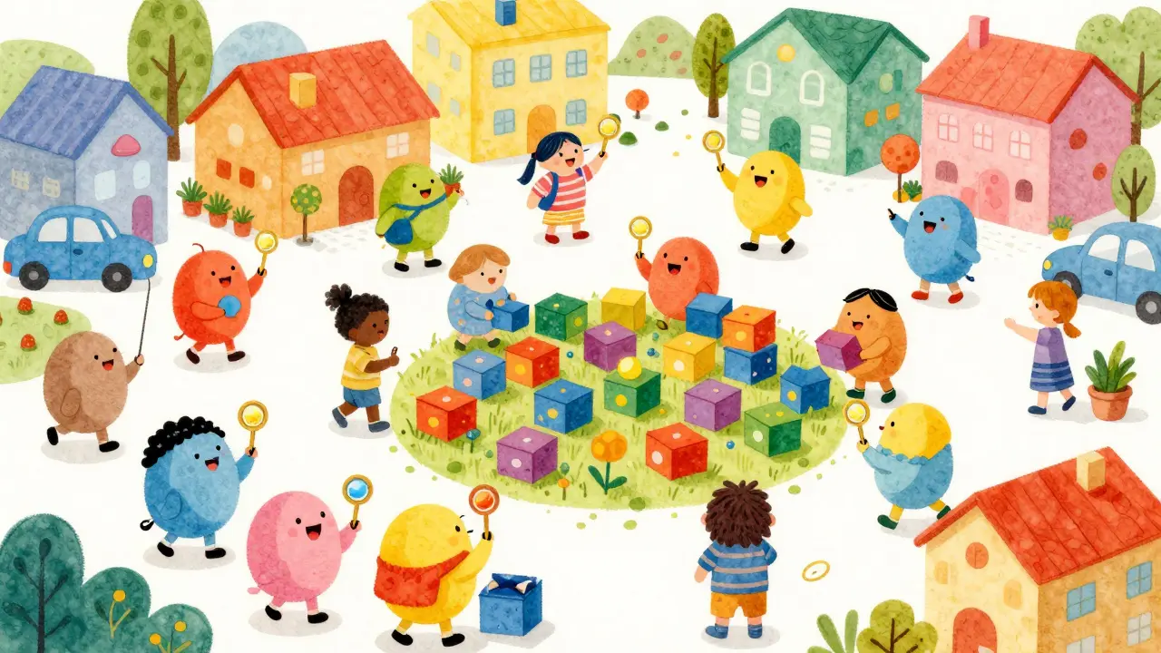 Cute characters trading tokens and boxes in a vibrant marketplace square.