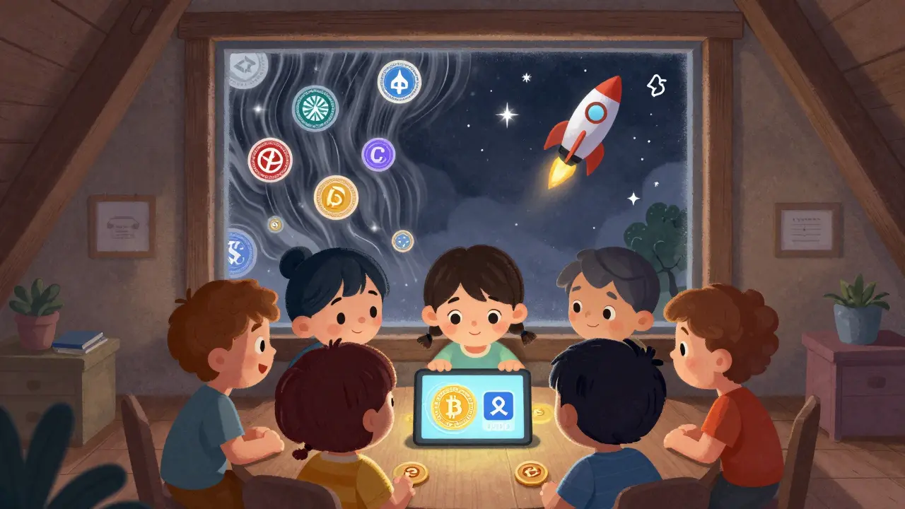 Kids in an attic use stablecoins as CBDCs swirl outside, and a Bitcoin rocket flies into the stars.
